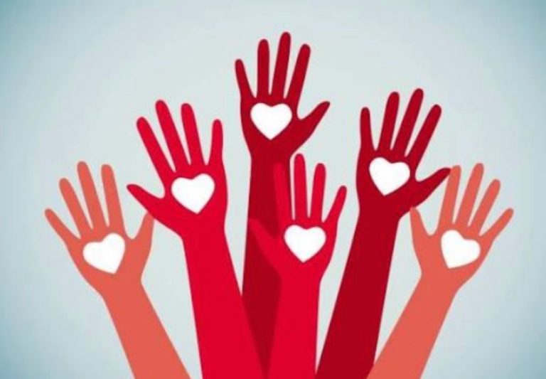 Illustration of seven upraised hands in various shades of red and pink, each featuring a white heart in the center of the palm.