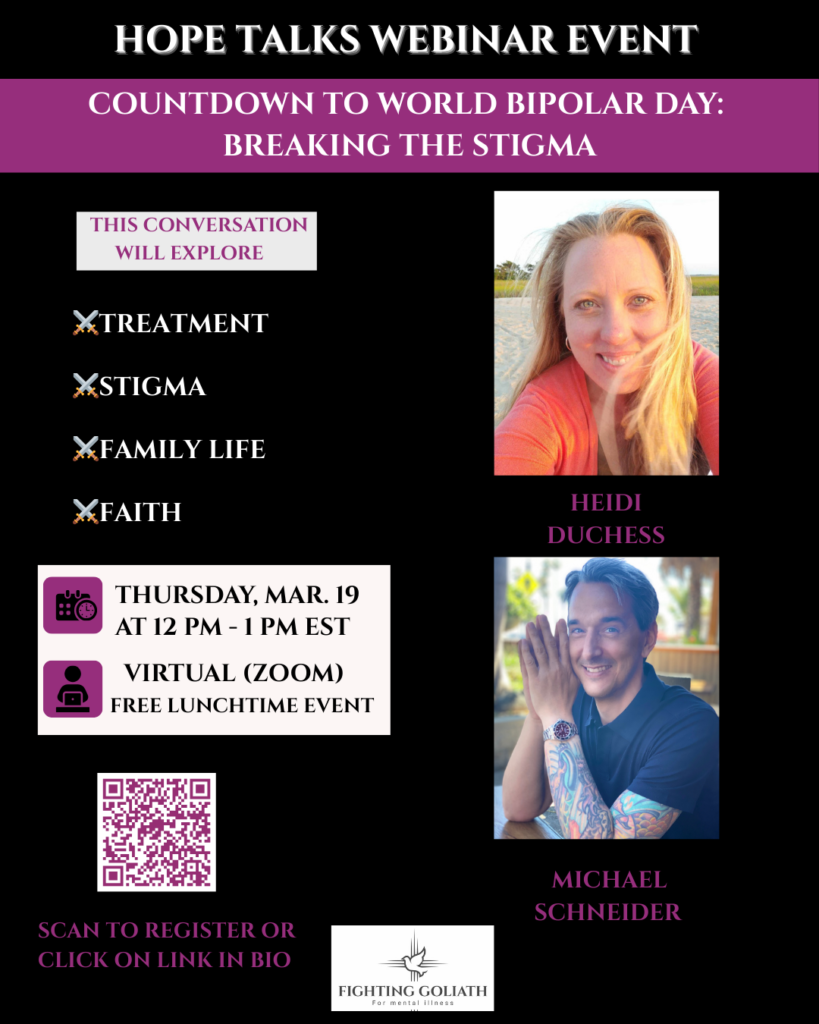 Webinar announcement for "Countdown to World Bipolar Day" featuring Heidi Duchess and Michael Schneider. Focus on treatment, stigma, family life, and faith.