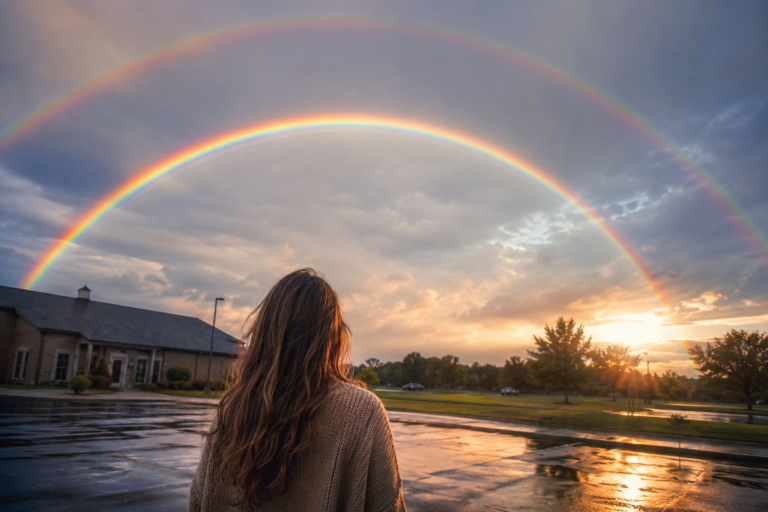A woman stands in a rain-soaked parking lot beneath a vivid double rainbow at sunset, symbolizing hope, healing, and God’s promises after emotional hardship.