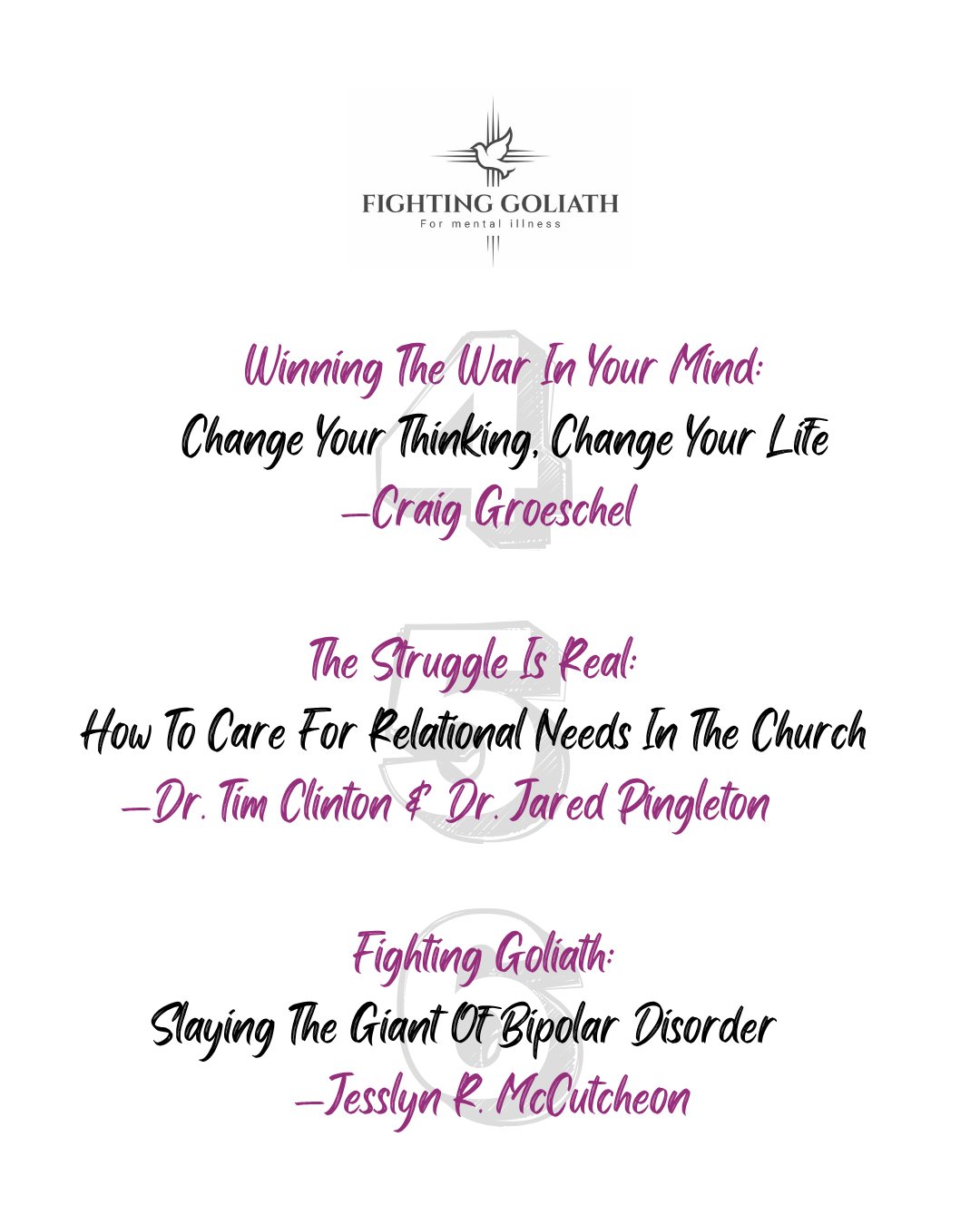 Fighting Goliath logo with three book titles on mental health: "Winning The War In Your Mind" by Craig Groeschel, "The Struggle Is Real" by Tim Clinton and Jared Pingleton, and "Fighting Goliath" by Jesslyn R. McCutcheon.