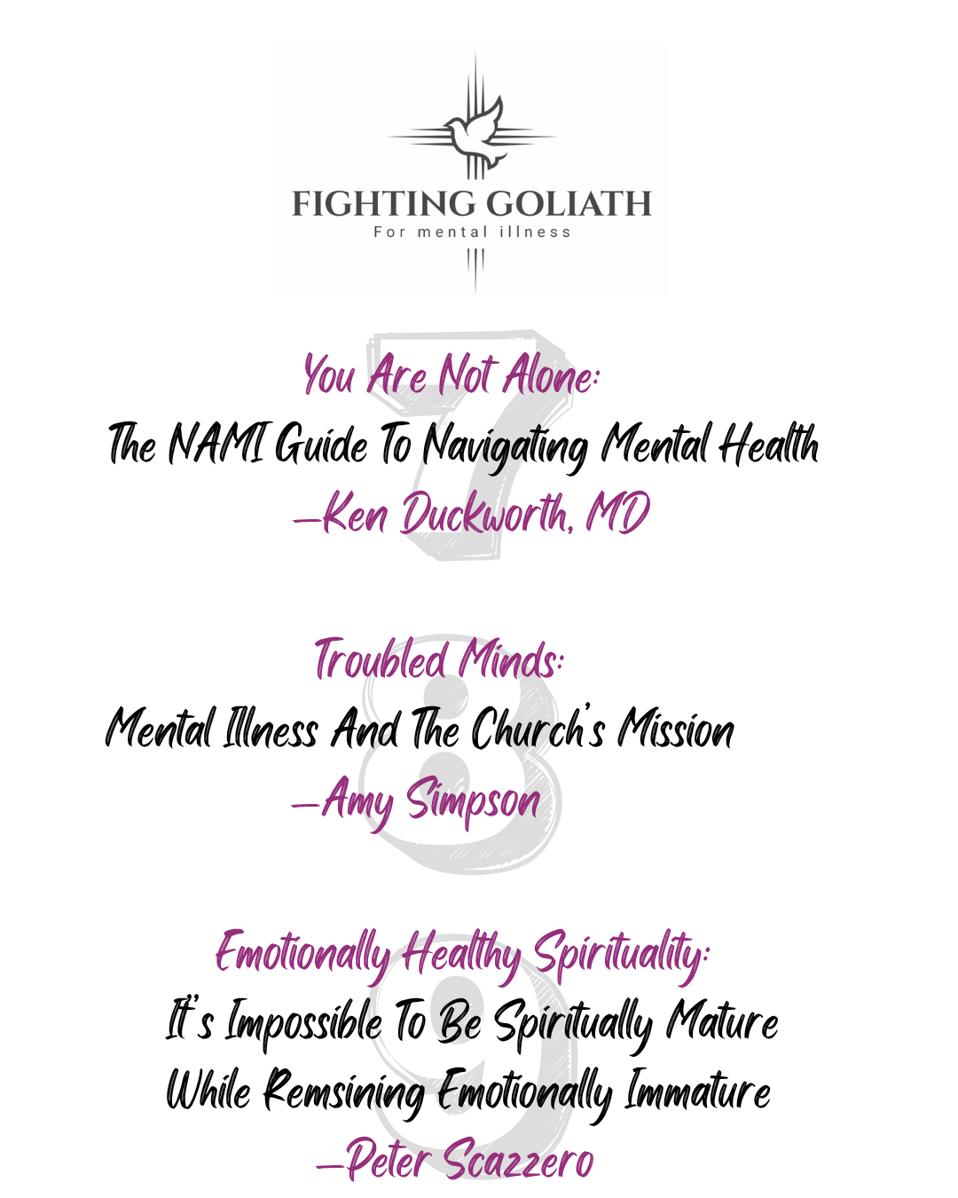 Text from a mental health resource, featuring titles and authors on topics like navigating mental health and the church’s mission.